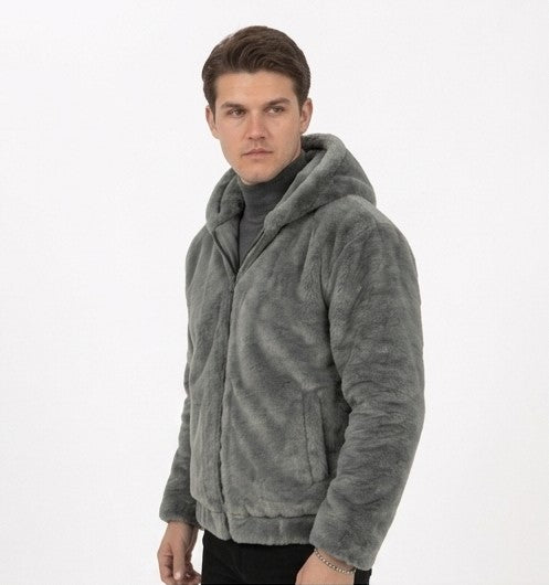 Grey Plush Faux Fur Hooded Jacket