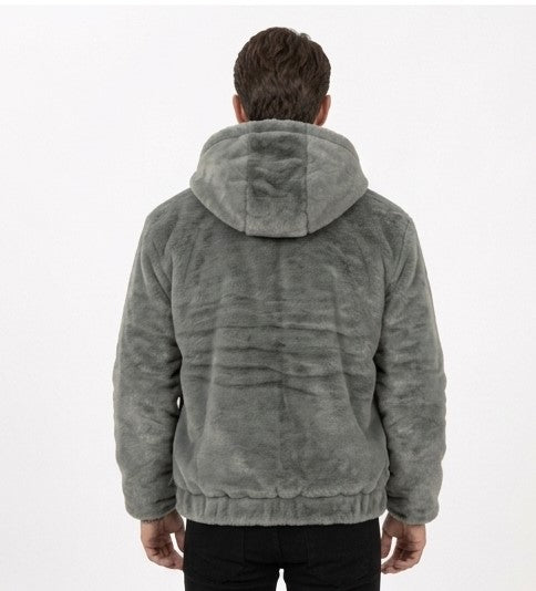 Grey Plush Faux Fur Hooded Jacket