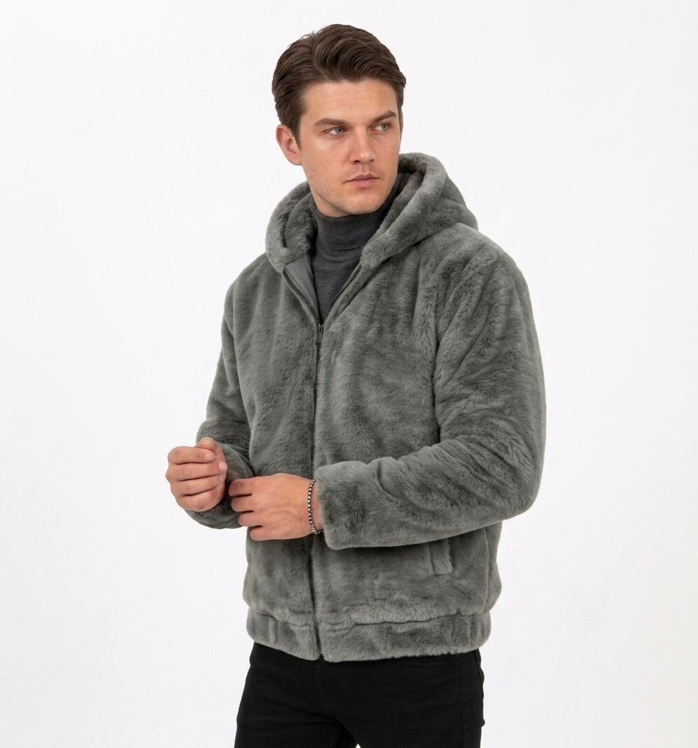 Grey Plush Faux Fur Hooded Jacket