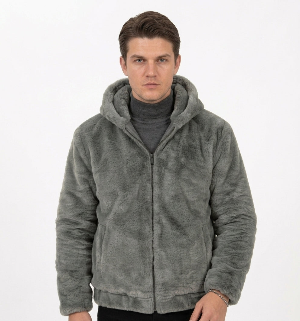Grey Plush Faux Fur Hooded Jacket