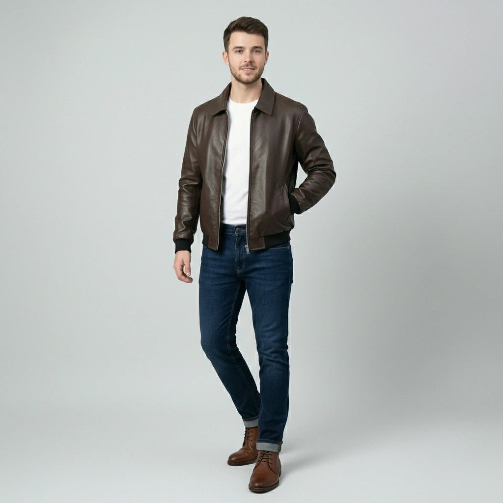 Dark brown lather Bomber Jacket