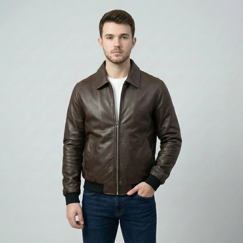 Dark brown lather Bomber Jacket