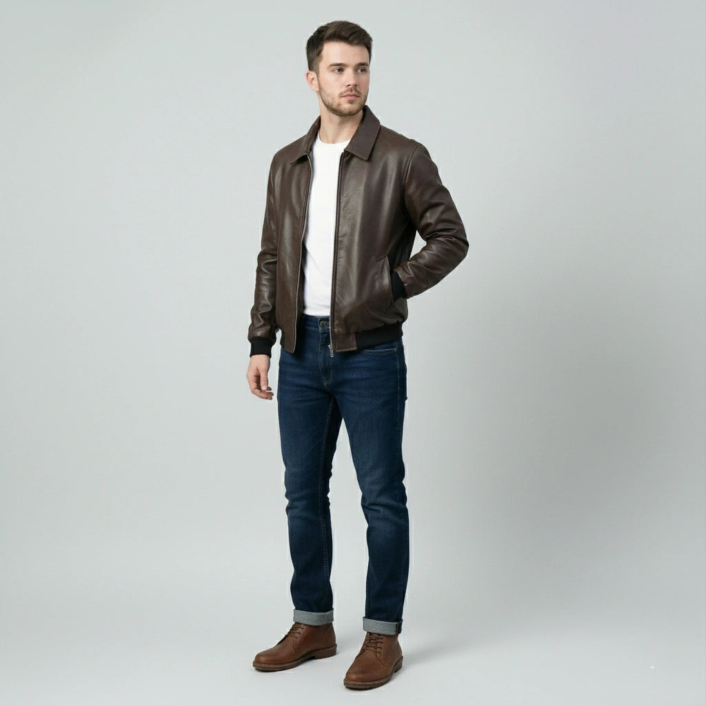 Dark brown lather Bomber Jacket
