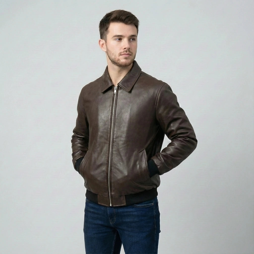 Dark brown lather Bomber Jacket